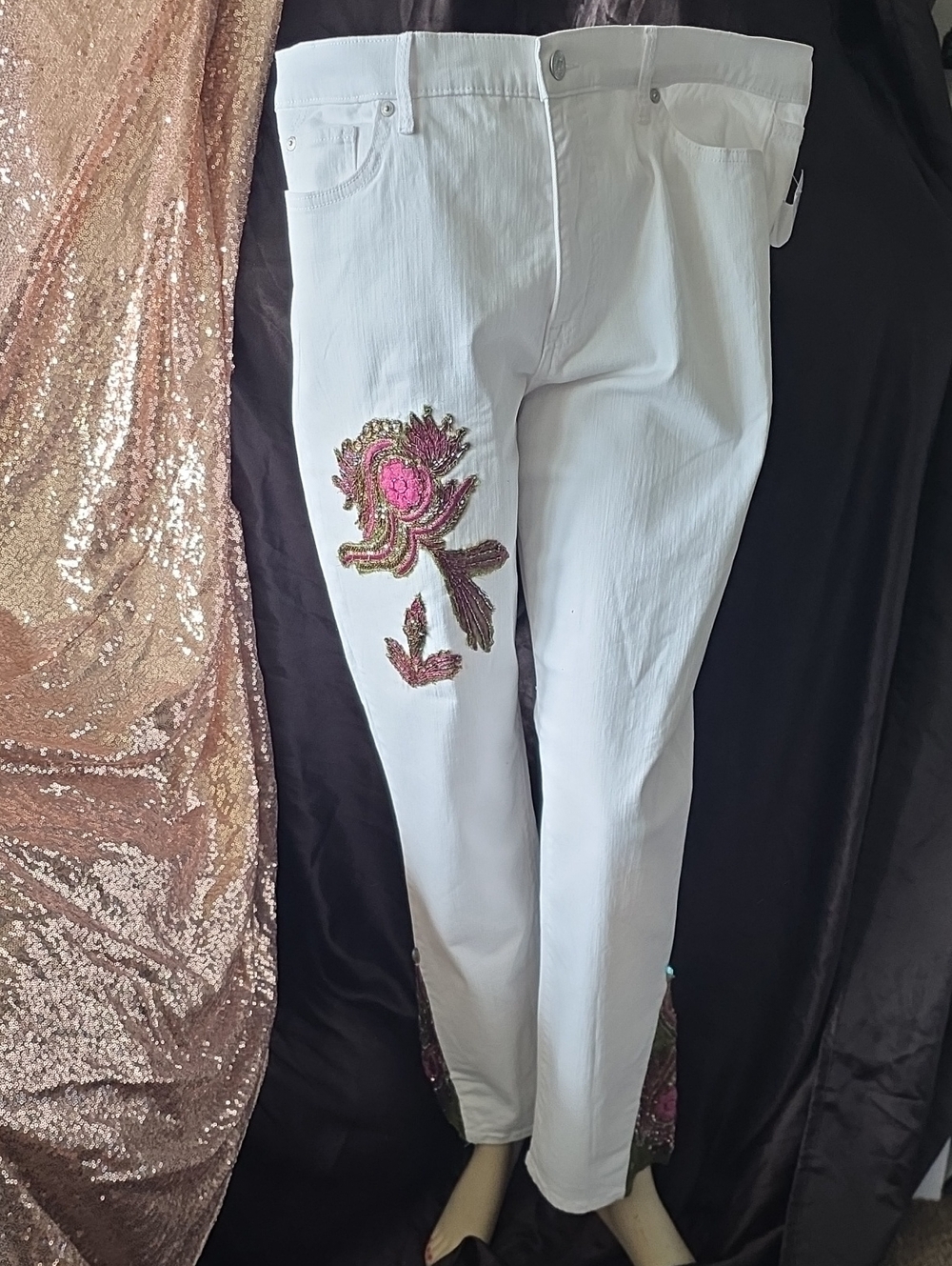 White Women's Jeans with Pink Floral Embroidery